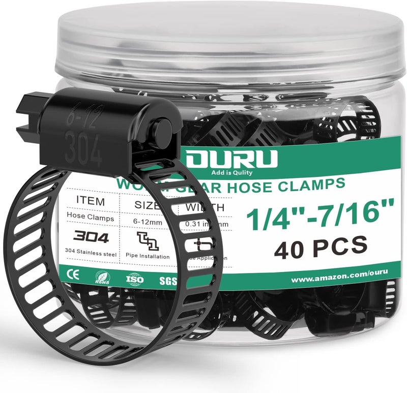 ORU 40PCS 1/4"-7/16" Black Hose Clamp,Adjustable 6-12mm Small Hose Clamps Stainless Steel,Metal Worm Gear Drive Hose Clamps for Automotive,Plumbing,Intercooler,Pipe,Fuel Line Radiator Clamps - Image 1